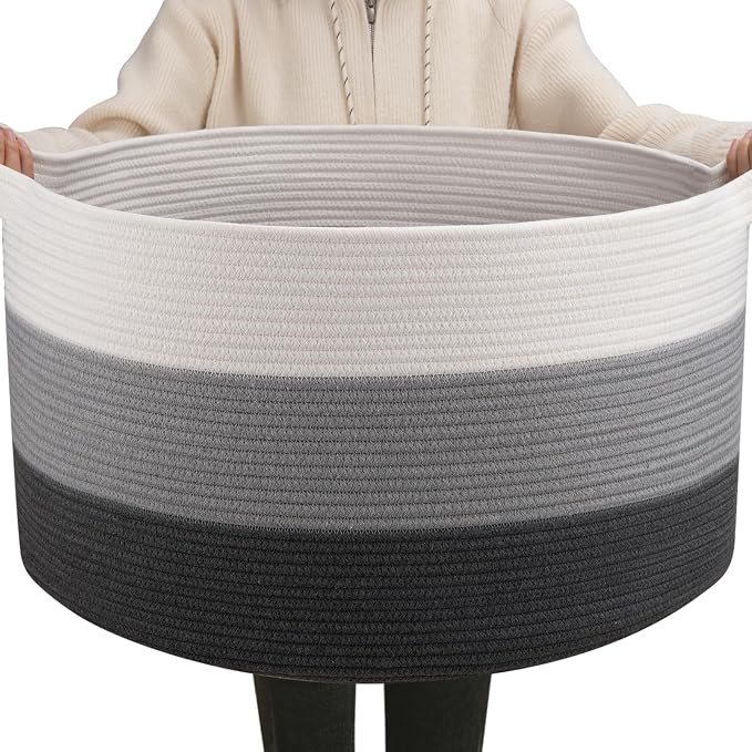 OIAHOMY 90L Extra Large Blanket Basket - Decorative Cotton Rope Storage Basket for Bedroom, Living Room & Nursery - Woven Laundry Hamper for Organizing Blankets, Clothes & Toys - Gardient Dark Grey