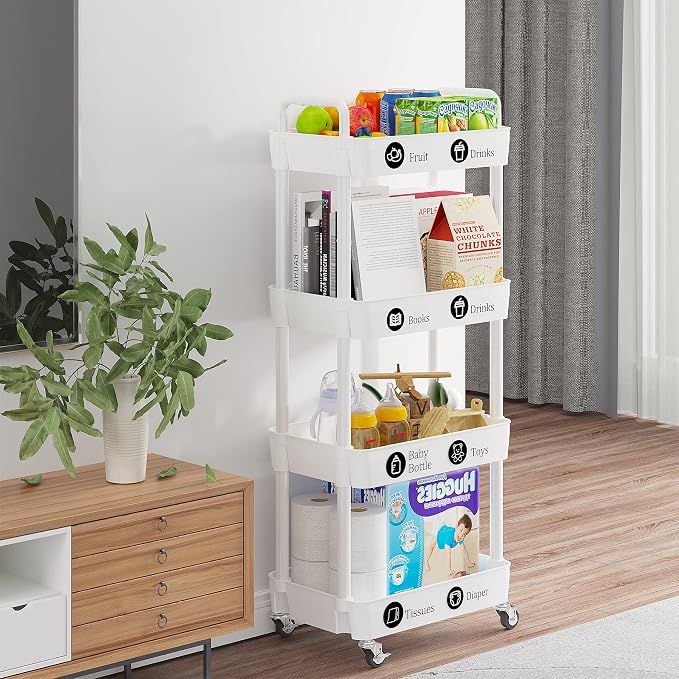 Laiensia 4-Tier Storage Carts,Multifunction Utility Rolling Cart Kitchen Storage Organizer,Mobile Shelving Unit Cart with Lockable Wheels for Bathroom,Laundry,Living Room,With Classified Sticker,White
