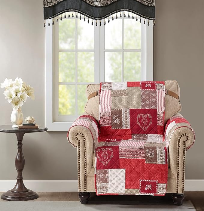 Brilliant Sunshine Burgundy Heart Love Couch Armchair Cover, 23" seat | Quilted Sofa Cover, Living Room & Bedroom Furniture Protector, Washable Chair Slipcover for Pets, Dogs & Cats
