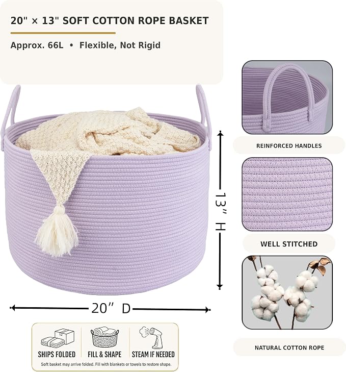 XUANGUO 66L Large Blanket Basket, Round Cotton Rope Basket, Purple | 20" x 13" Laundry Basket with Sturdy Handles for Blankets, Pillows and Toys; Storage for Living Room, Bedroom and Nursery