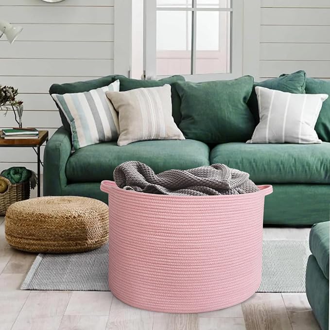 Extra Large Pink Basket, 22"x22"x14" Woven Cotton Rope Bin with Handles, Blanket Storage for Living Room, Baby Kids Toy Storage Bin Box, Wicker Laundry Basket, Pink Room Decor Organizing