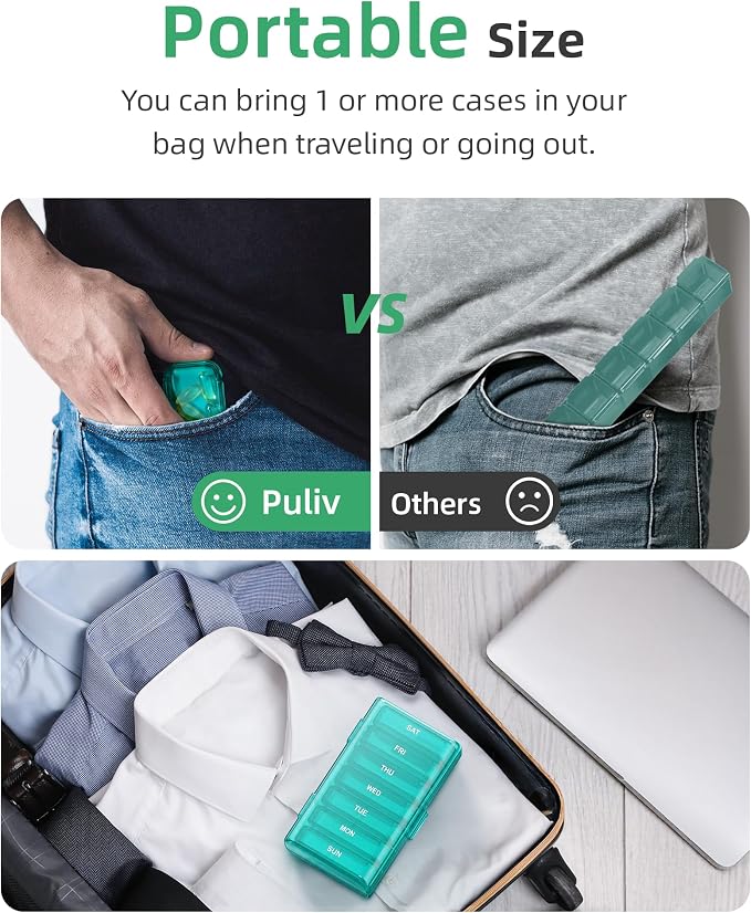 PULIV Weekly Pill Organizer with Large Capacity, Dual Protection (Cyan) | Pill Box 7 Day, Arthritis Friendly Pill Case Easy to Open, Medicine Organizer for Vitamins, Medication, Fish Oils, Supplement