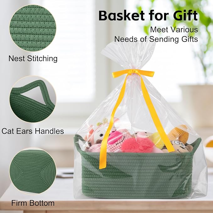 OIAHOMY Woven Basket, Gift Basket Empty with Gift Bags and Ribbons, Rope Baskets for Baby Showers, Storage Baskets with Handles for Nursery, Pet Toy Organizer - Olive Green
