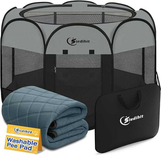 Siedihit Dog Playpen with Washable Pee Pad, Dogs Tent Crate Cage | Indoor/Outdoor, Portable Pop Up Dog Kennel with Carrying Bag for Rabbits (Dark Grey with Pad, Extra Large)