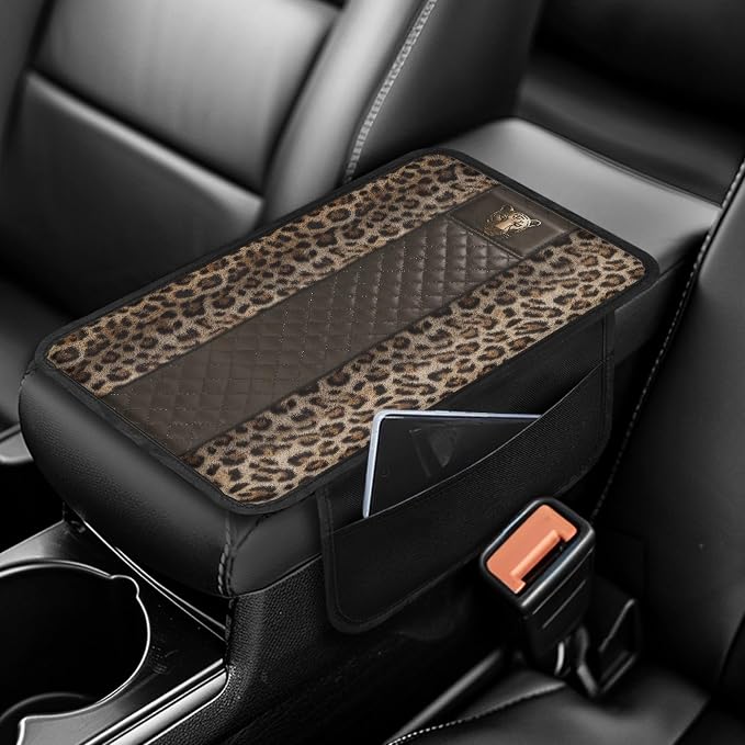 Howilath Universal Armrest Cover Soft Pad for Car Console | Classic Leopard Print Interior Accessories, Machine Washable, with Storage Pockets, Fits Suv and Truck