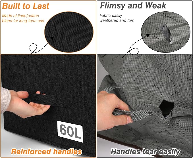 60L Rigid-Sided Blanket Storage Bags, 2 Pack, Black | Rigid Sides and Bottom, Stackable Design, for Comforters, Quilts, Bedding, Pillows and Clothes, Closet and Dorm Organization