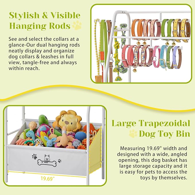 Large Dog Toy Basket with Dog Storage Organizer, Trapezoid Dogs Toy Bin Box with Collar Leash Holder Hook, Toy Holder Chest Pet Storage Cabinet for Living Room, Dogs Essentials for Pet Lovers Gift