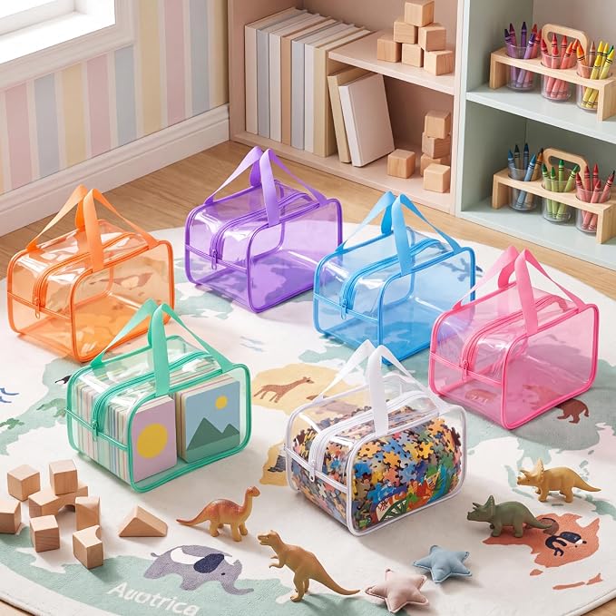 Shinylin 6 Pack Pastel Large Toy Storage Bags with Zipper 9.8 x 5.9 x 7.1 Inch Reusable Waterproof PVC Board Game Storage Bags with Labels for Puzzles Building Blocks Book Stationery