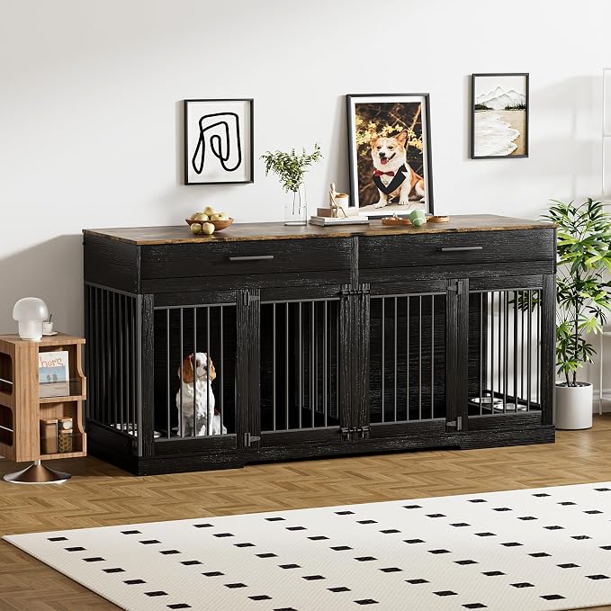 Rophefx 72" Double Dog Crate Furniture with Drawers and Divider, Black | Wooden dog kennel for 2 medium dogs with 2 drawers, removable divider, 4 bowls and TV stand top