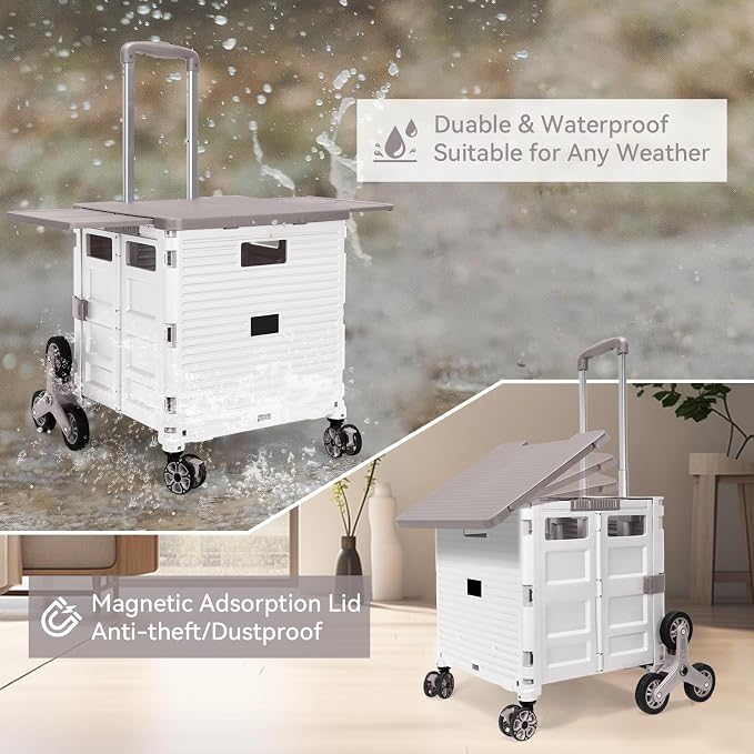 Foldable Utility Cart with Stair Climbing Wheels,Collapsible Rolling Crate with Magnetic Lid Telescopic Cover,Adjustable Telescoping Handle,360° Rotate Wheel Hand Cart for Teacher Shopping Moving