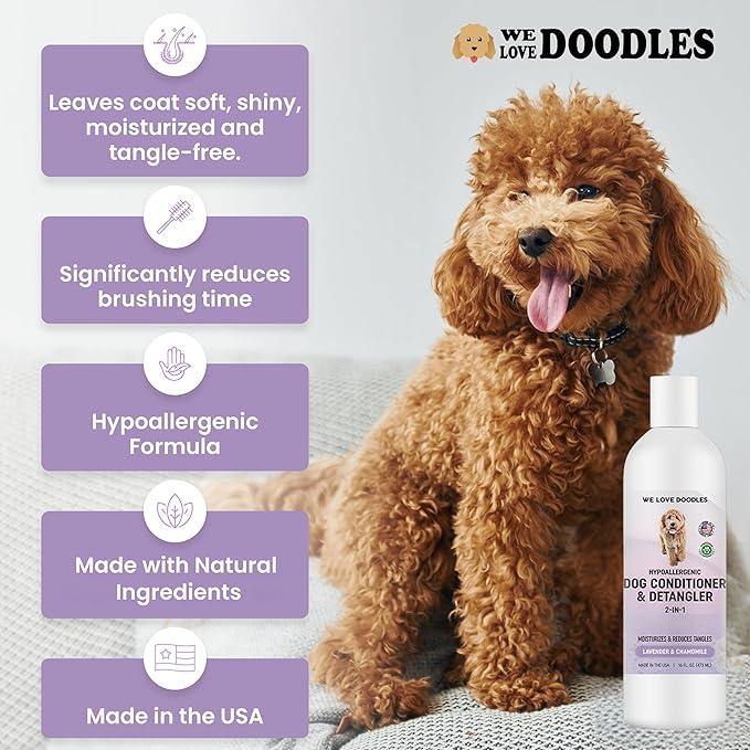 We Love Doodles Dog Conditioner & Detangler, 2-in-1 Conditioner for Allergies & Itching, Dog Lotion for Dry Itchy Skin, for Poodles & Doodles, Made in The USA, Lavender & Chamomile, 16 oz