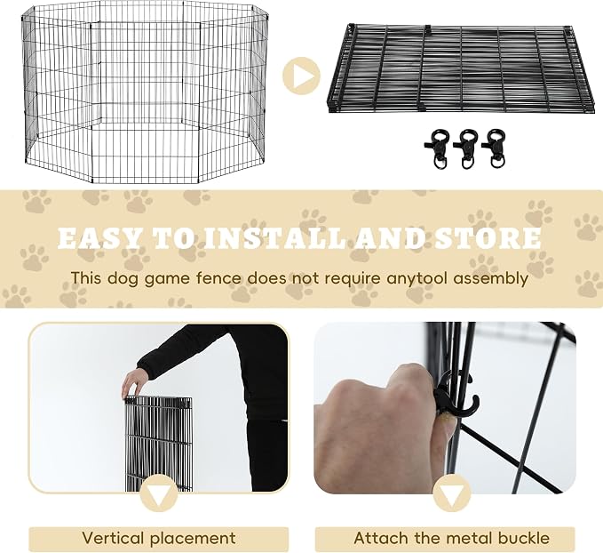 8-Panel Foldable Metal Dog Exercise Pen – 24/30/36/42/48 Inch Height, Step-Through Door Design, Indoor/Outdoor Playpen for Puppies & Dogs, Black Epoxy Coated Heavy Duty Pet Fence