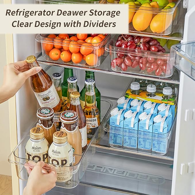 Roll-Out Refrigerator Organizers and Storage, 3 Pack Drawer Fridge Bins | Rolling Fridge Caddy, Silicone Wheels, Adjustable Dividers, Plastic Refrigerator Tray, for Fridge, Pantry, Bathroom & Kitchen