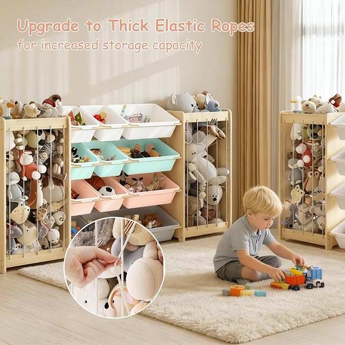 EXPERLAM Large Toy Storage Organizer, Wooden Stuffed Animal Storage & 12-Bins Toy Organizer, Double-Sided Plush Toy Holder Featuring Thicker Ropes, Space Save Playroom Bedroom Nursery Storage, Multi