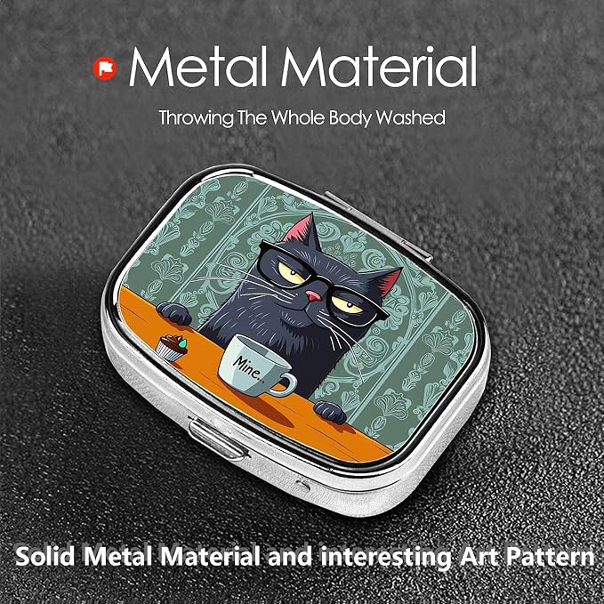 ABLESKY Pill Box, 2 Compartment Pill Organizer Case for Pocket or Purse, Small Portable Metal Travel Medicine Box with Mirror, Daily Vitamins Fish Oil Container-Retro Cat
