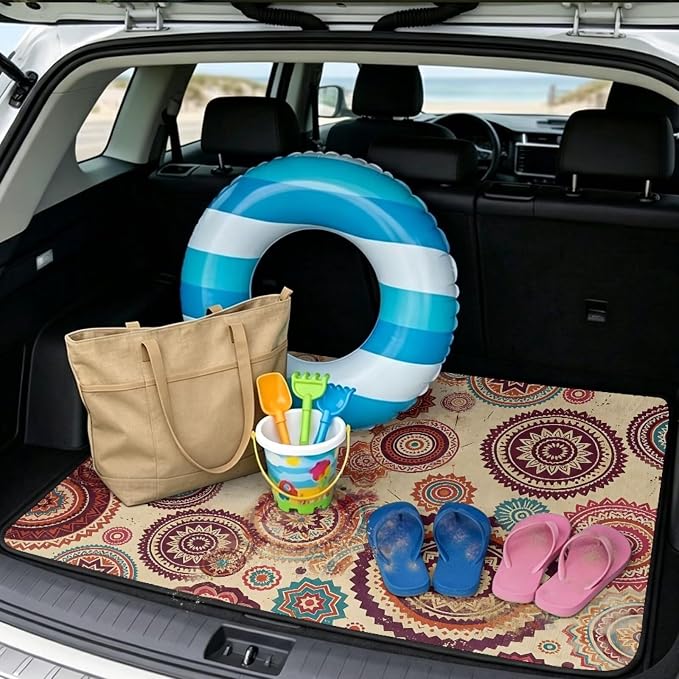 Howilath Heavy Duty Car Trunk Mat All Weather Non-Slip Vintage Boho Mandala Rear Trunk Mat Durable Polyester Carpet Auto Interior Accessory