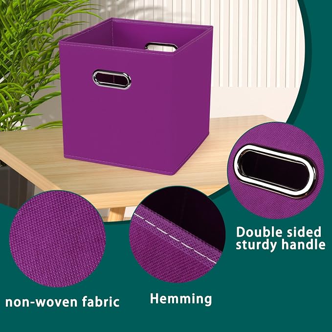 Black Foldable Storage Cubes Bins, Fabric Storage Box Cubes Organizer Baskets with Dual Handles for Home Organizer,Set of 3,(Purple)