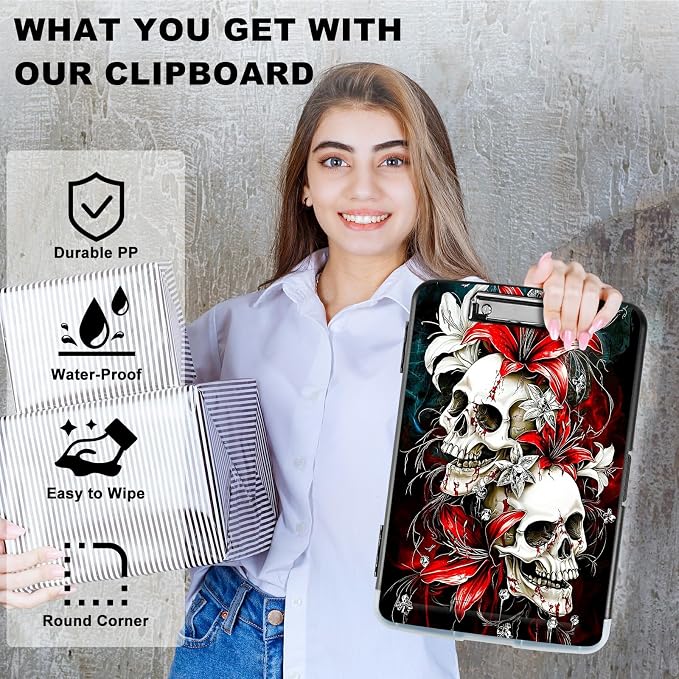 Red Lily Skull A4 Clipboard with Storage Pen Holder, Clipboards Organizer Nursing Clipboard Foldable File Folder Plastic Clipboard Folio Clip Board for Office Students Classroom Doctor