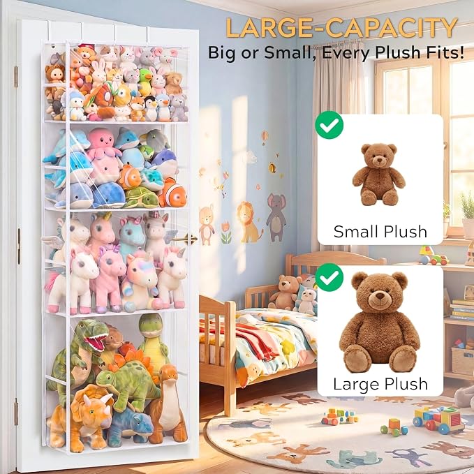 Over the Door Stuffed Animal Storage with Clear Dust Cover | 4 Tier Extra Large Hanging Toy Organizer for Plush Toys, Nursery Bedroom and Kids Room Storage