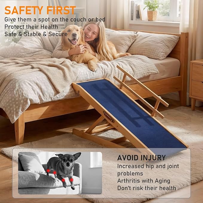 Dog Ramp - 7 Adjustable Heights, Portable with Leather Handle, Anti-Slip Design for Beds, Couches & Cars - Perfect for Small & Large Dogs