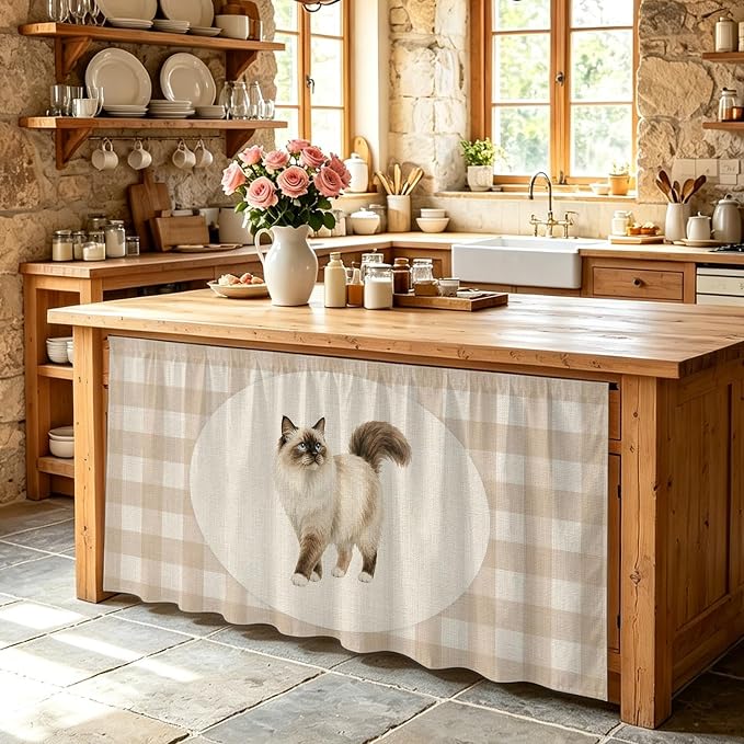 Ragdoll Cat Cabinet Curtain 32"Wx55"L, Dustproof Pantry Door Curtain with Self Adhesive Tape, Vintage Linen Plaid Farmhouse Pet Cats Tall Storage Cover Privacy Drape for Bathroom Kitchen Laundry Room
