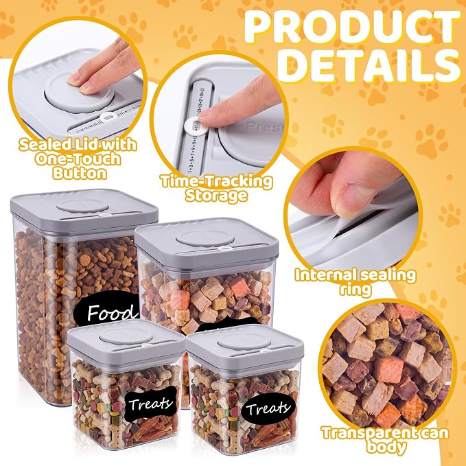 4 Pcs Plastic Dog Treat Container Airtight Lids Dog Food Storage | Sticker Marker and Sort, Reusable Cat Food Cookie Jar, Pet Treat Organizer Set, Outdoor Travel Training & Home Use, 3 Sizes