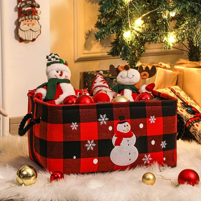 Christmas Baskets, Large Red Buffalo Plaid Collapsible Storage Basket with Handles, Empty Holiday Gift Basket for Toys, Blankets, Baby Items and Christmas Home Decorations
