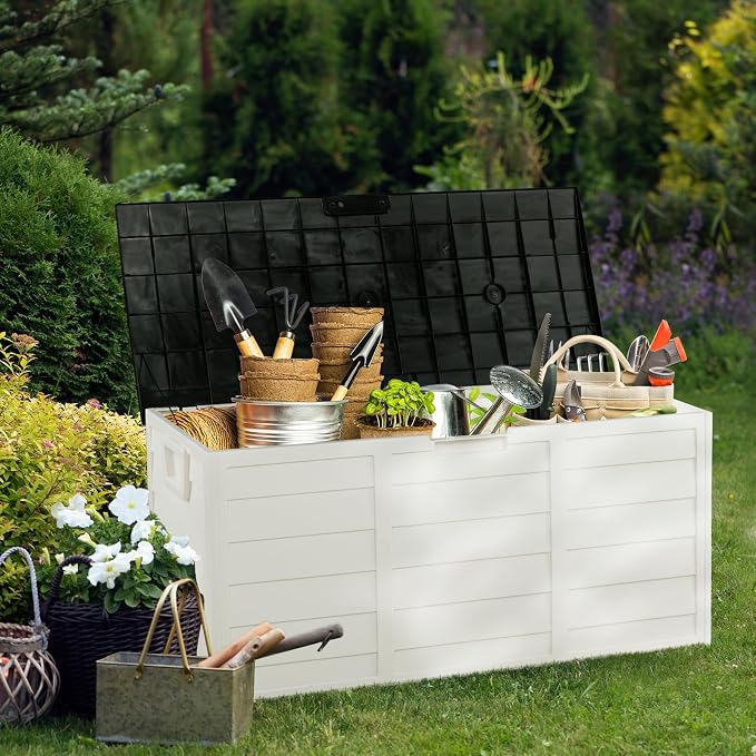 75 Gallon Outdoor Storage Box with Wheels, Waterproof Resin Deck Box for Patio Cushions & Garden Tools, Rolling Garden Storage Bin, Weather Resistant Trunk