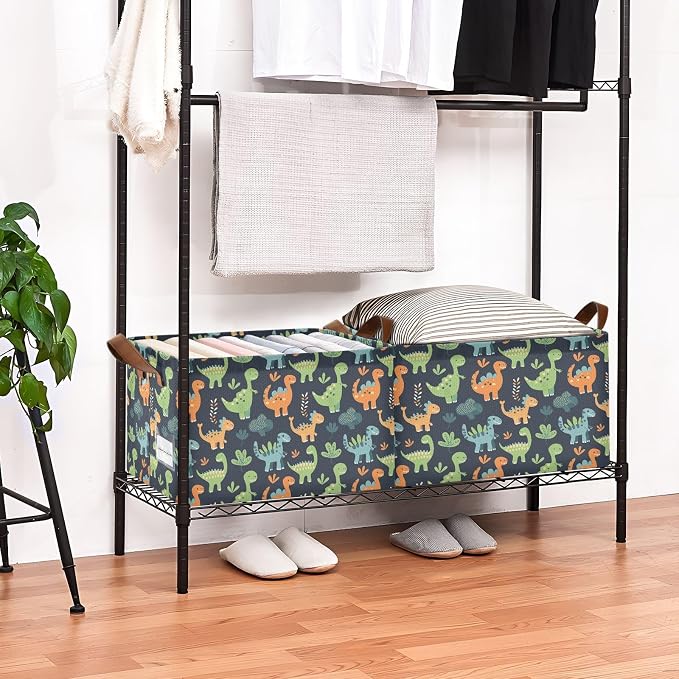 Sage Green Dinosaur Orange Black Baby Storage Basket with Labels&Handles Rectangular Waterproof Nursery Storage Bins Collapsible Shelf Organizer Baskets for Kids Books Cloth Gift Toys Laundry