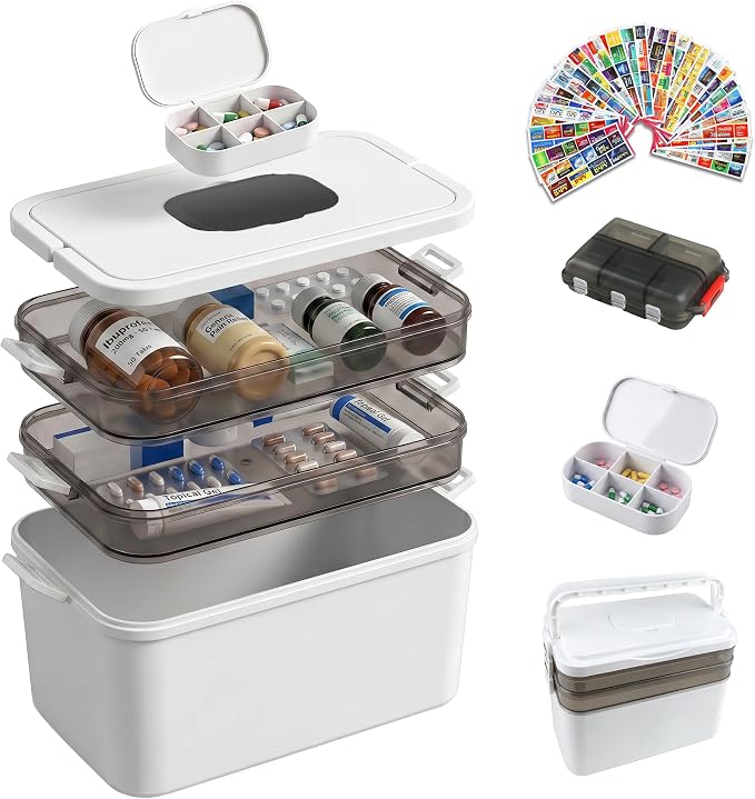 3-Tier Medicine Cabinet Organizer with Handle,Multifunctional First Aid Box | Portable Medical Supply Organizer with Light-Blocking Pill Boxes&300 Pill Labels Medicine,Storage Box for Home
