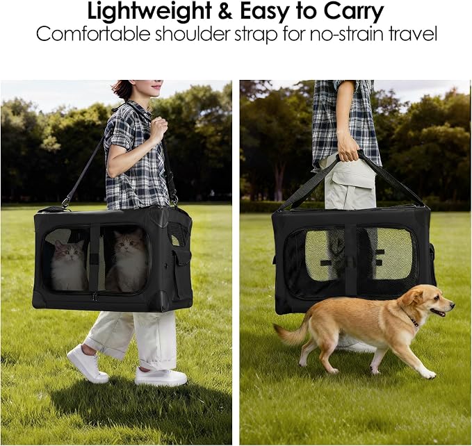 Extra Large 2-Cat Foldable Pet Travel Carrier,24"x17"x17",Black | Removable Divider, Metal Frame Support, Breathable Mesh Panels, With Storage Tote & Padded Straps