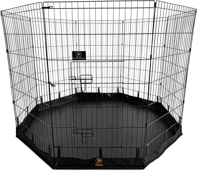 PJYuCien Puppy Playpen with Bottom Pad and Door, 8 Panels 42" H, Black | 24"W, Dual-function Pad, For Large Pets, Foldable Octagonal Pen, Versatile, Indoor & Outdoor, Backyard, Protects Floors