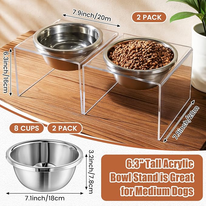 Ziliny 2 Set Acrylic Elevated Dog Bowls Stand 6.3" Tall Pet Acrylic Feeder Come with 2 Removable Stainless Steel Bowls for Large Dogs, Raised Durable Dog Bowl Pet Feeding Station