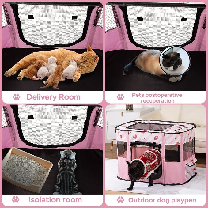 XRG Foldable Pet Playpen,Indoor Cat cage Puppy Crates M(31.5"x23.6"x21.7") | Portable Cat Kennel with Upgrade Breathable Mesh，Sturdy Kitten Playpen Indoor & Outdoor for Rabbit or Small Animals，Pink