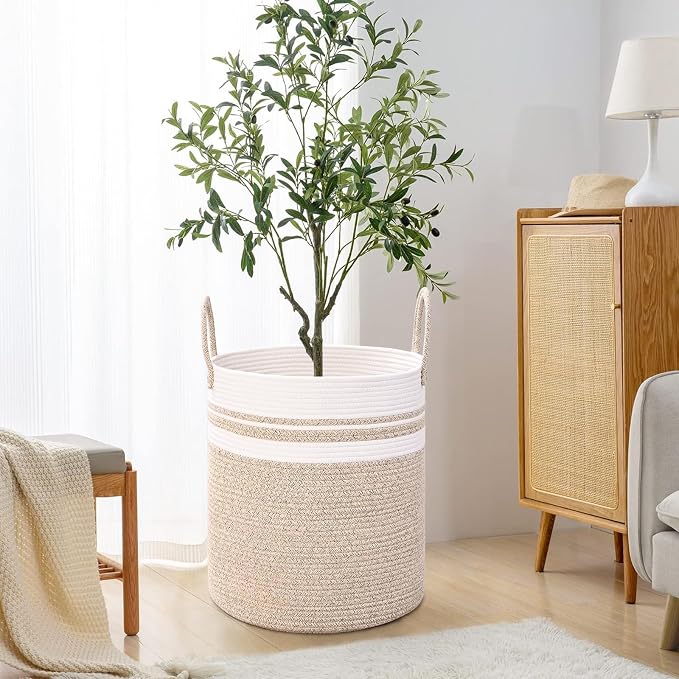 Laundry Hamper for Organizing, 52L Large Laundry Baskets, Cotton Rope Woven Blanket Basket, Collapsible Laundry Hamper for Living Room, Nursery, 15"×18", Jute
