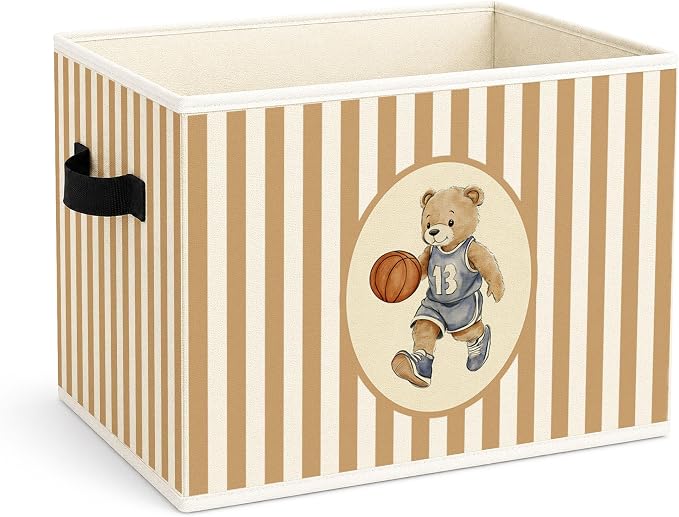 Basketball Teddy Bear Sports Foldable Fabric Storage Bin | Basketball teddy bear stripe design; foldable fabric storage bin for kids room, nursery, playroom, toys, books, clothes.