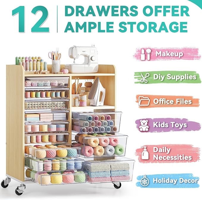 12-Drawer Storage Cabinet with Wooden Top,Open Shelf, Wood Grain | Storage Furniture System with PET Clear Drawers, Lockable Wheels, for Craft Room, Makeup Vanity, Kids & Home Organization