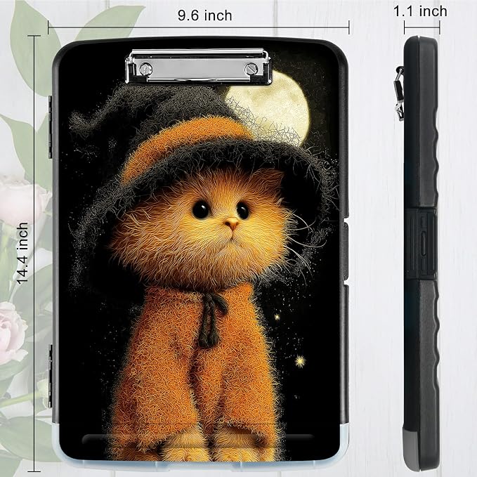 A4 Clipboard with Storage Pen Holder, Clipboards Organizer Nursing Clipboard Foldable File Folder Plastic Clipboard Folio Clip Board for Office Work Classroom Doctor, Black Hat Kitten