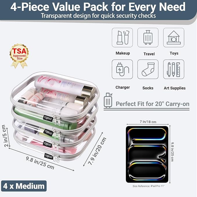 YQBRAO Clear Hard Shell Zipper Cases, 4 Medium Makeup Organizers, Grey | Rigid 1.2 mm PET and YKK dual zippers for skincare, toiletries, chargers, notebooks and daily essentials