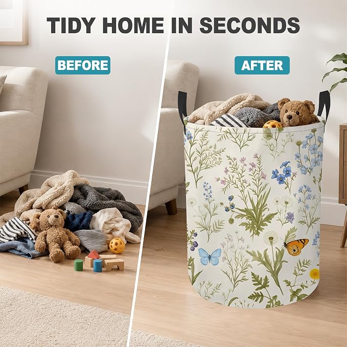 Wildflower Botanical Portable Laundry Hamper,Butterfly Flowers Collapsible Clothes Basket with Handles,Waterproof Oxford Cloth Organizer for Dorm Bedroom Bathroom Nursery,16 x 20 Inch