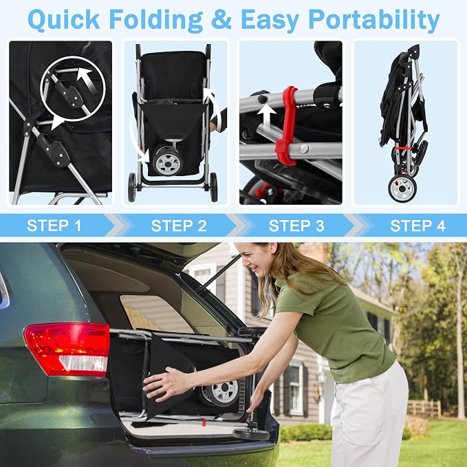 BLKMTY Folding Dog Stroller, 3 Wheels Pet Stroller, Foldable Cat Strollers Waterproof Travel Carrier Strolling Cart for Puppy Jogger with Cup Holder & Storage Basket, Black
