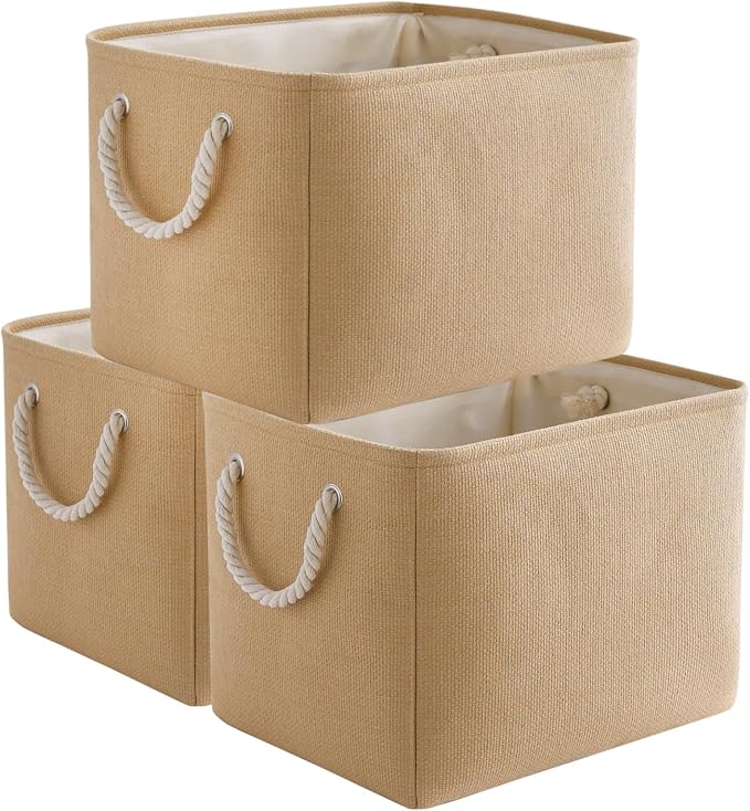 Organization and Storage Basket for Organizing - 3 Pack 16x12x12 inch Cube Fabric Storage Cubes, Storage Bin for Shelves Gift Closet Organizer Cloth Toy (Beige)