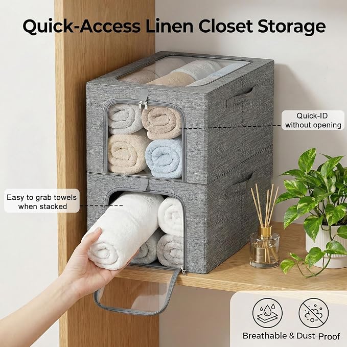 GoMaihe Baby Clothes Storage Bins with Metal Frame 27L 6-Pack Grey | Kids Toddler Child Clothing & Towels Small Items, Closet Top Shelf Boxes, Collapse-Proof Stackable, Clear Window Dual Access