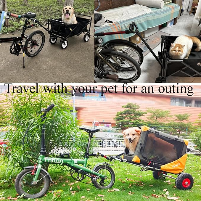 Bike Trailer Hitch for Wagon Camping Rolling Cart Collapsible Wagon with 360° Swivel Joint & Shock Absorber, Quick-Release Clamps for Folding Wagons, Pet Carts & Garden Trailers