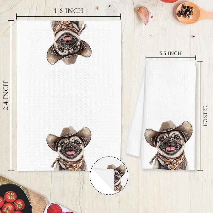 Western Cowboy Pug Dog Gifts Kitchen Towels Decorative - Gifts for Pug Lovers Dish Tea Towels for Kitchen Drying, Dog Mom Dad Gifts Hand Towels for Bathroom Decor, 16x24 Inch