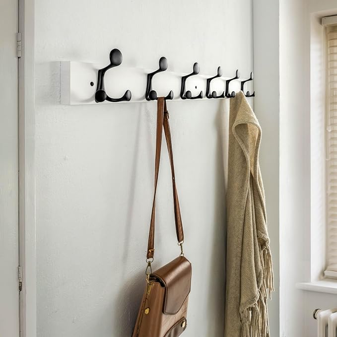 SKOLOO 36-Inch White Wood Coat Rack Wall Mount with 6 Triple Hooks - Ideal for Family Entrances, Classrooms, and Pet Supplies Storage - Perfect Coat Hooks for Wall, Pack of 2