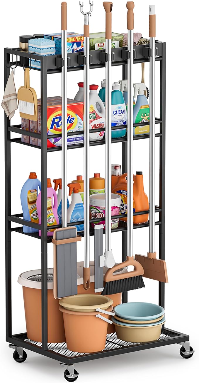 Olakee Taller Broom Holder with Cleaning Supplies Organizer, Broom Closet Storage Cabinet with Mop Hanger Gripper Rack Hooks, Housekeeping Janitorial Cart with Cleaning Caddy, Garage Home Improvement