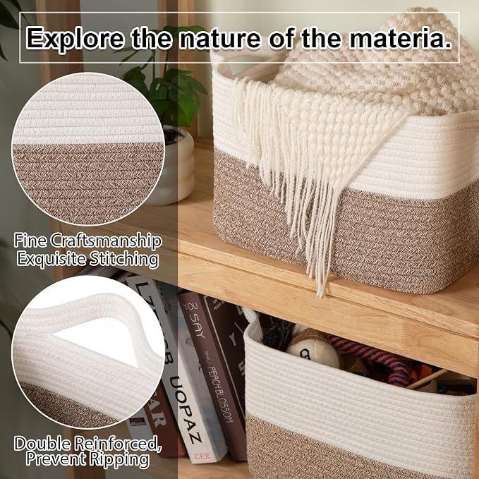 OIAHOMY Woven Storage Basket for Shelves, Rectangle Cotton Rope Baskets for Organizing, 13 x 10 x 9 in, Storage Bins for Dog Toys,Towel,Books,Gift,Flax Brown and White