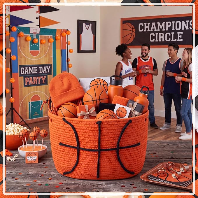 RattanView Basketball Cotton Rope Basket, Brown Woven Storage with White Stitch Pattern, 15 x 9 x 10 in, Empty Basketball Gift Organizer for Books, Room and Sports Decor