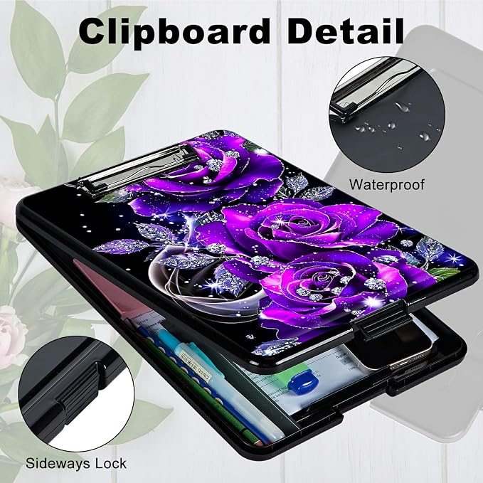 Purple Rose 01 A4 Clipboard with Storage Pen Holder, Clipboards Organizer Nursing Clipboard Foldable File Folder Plastic Clipboard Folio Clip Board for Office Students Classroom Doctor